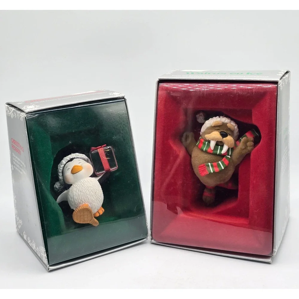 Vintage 80s Enesco Christmas Ornaments 1985 Penguin Walrus Set of 2 w/ Boxes